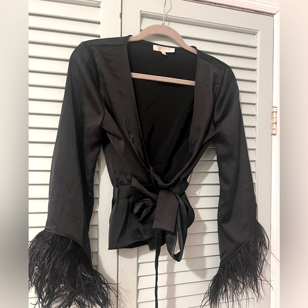 Wayf black shirt with feather sleeves